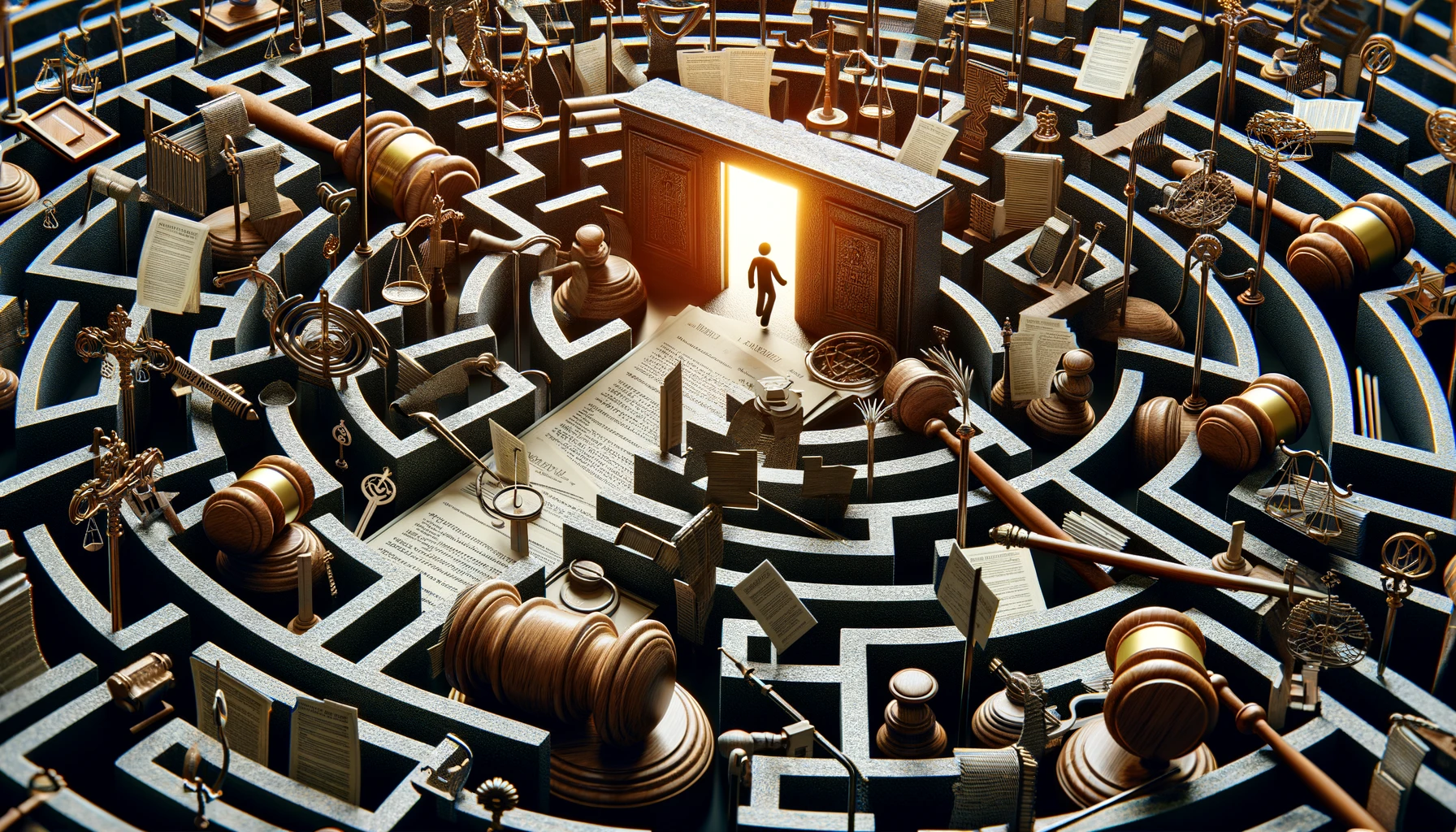 a complex maze constructed from courtroom gavels, legal documents, and judicial symbols, with a small figure navigating towards an exit marked by a glowing light of freedom